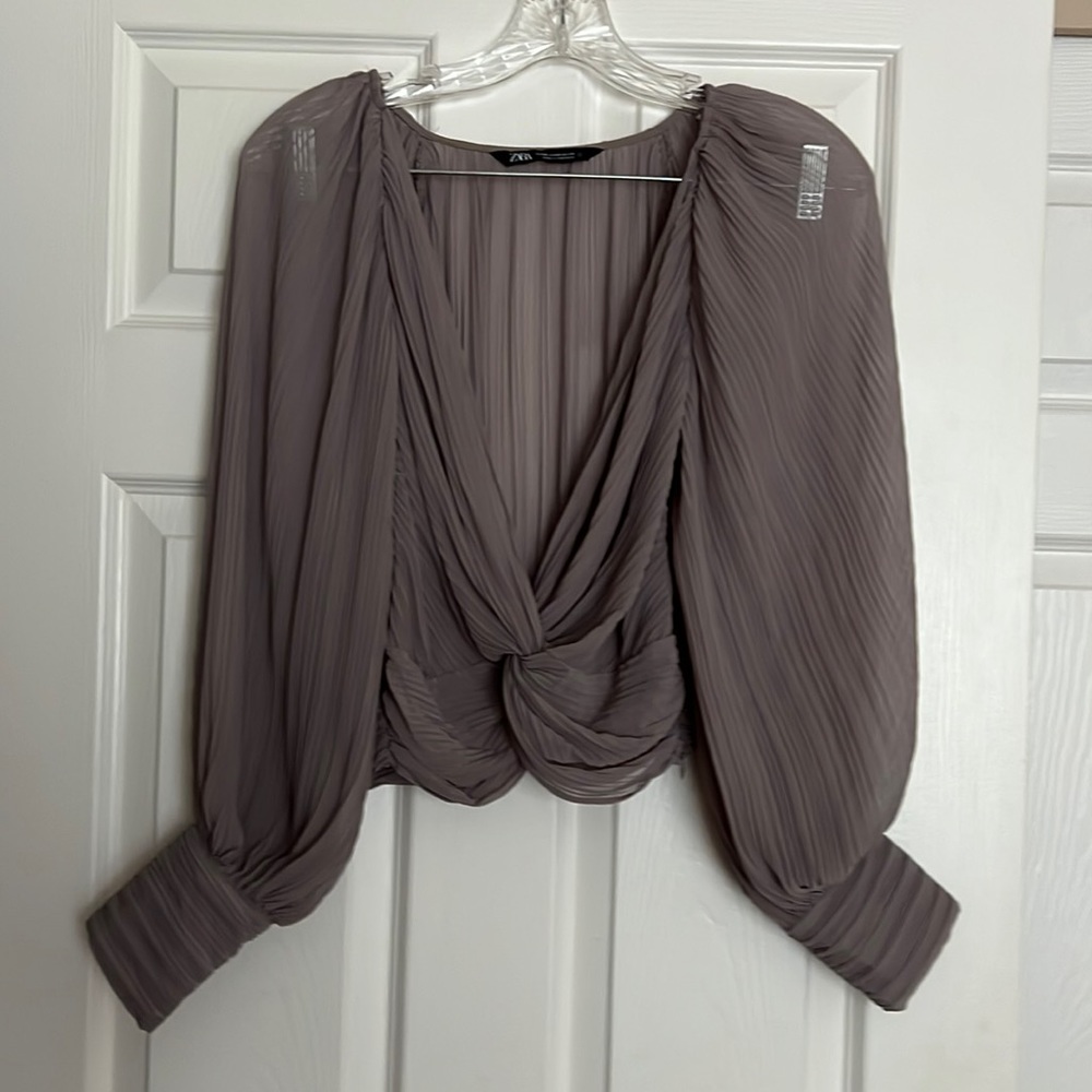 Zara Taupe Pleated Blouse XS